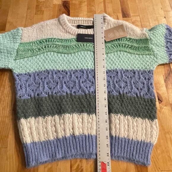 Vero Moda Boho O-Neck Sweater Relaxed Crew Neck Size L Cozy Striped Open Crochet - Picture 4 of 10